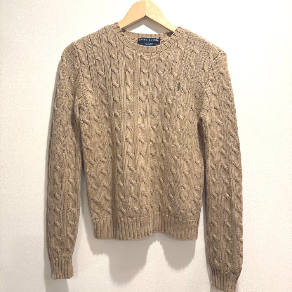 Ralph Lauren Tan Cable Knit Cotton Sweater Women S Beige Crew Neck Pony READ